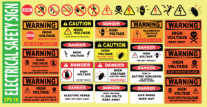 Various electrical safety signs and warnings about high voltage, danger, and caution.