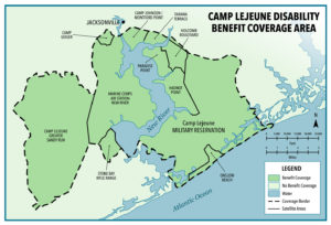 Map showing Camp Lejeune disability benefit coverage area and surrounding locations in North Carolina.
