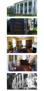 Historic white columned building with interior views and a sign listing law firm names.