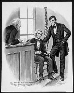 Abraham Lincoln stands in a courtroom beside a seated man and judge, with an American flag behind.
