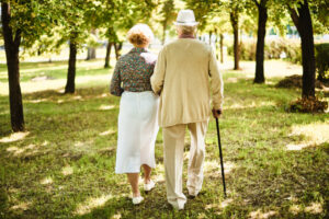Two elderly people enjoying holiday travel while walking together in a park surrounded by trees.
