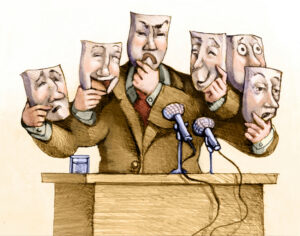 A person at a podium holds masks, symbolizing reactions to filling Justice Scalia's seat.