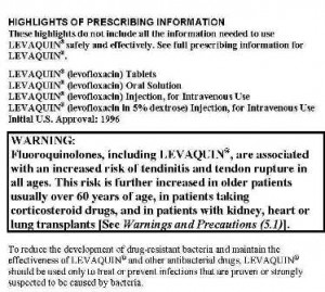 Prescribing info and warning label for LEVAQUIN, detailing risks of tendonitis and precautions.