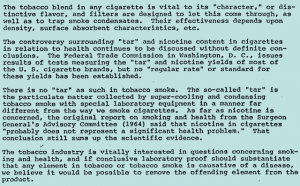 Typed text discussing tar and nicotine content, cigarette safety, and lack of standards in tobacco testing.